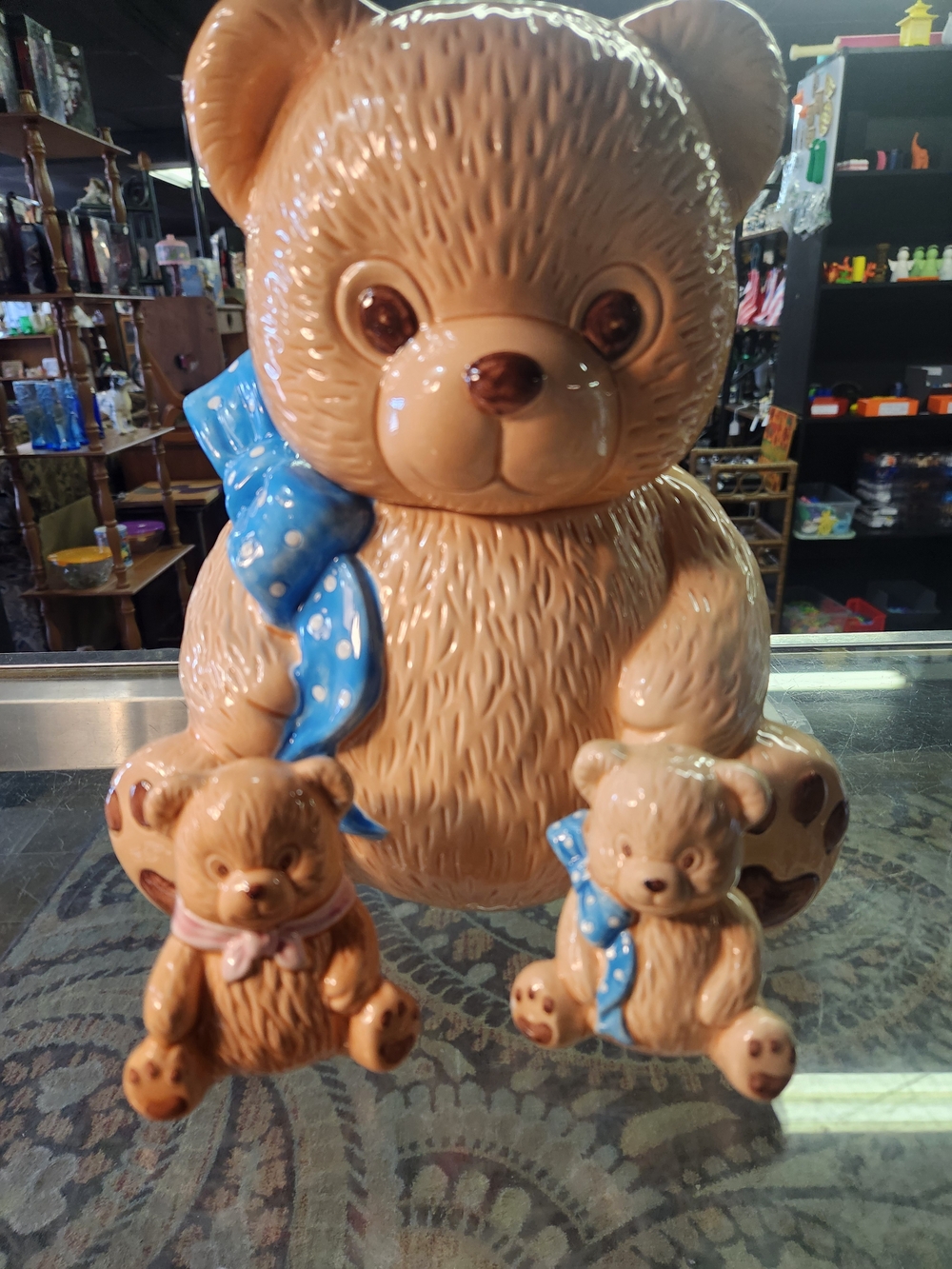 Vintage Ceramic Teddy Bear Trio with Blue Ribbon